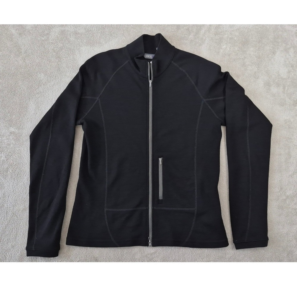 Ibex Full Zip Merino Wool Jacket Large Black Mock Neck Activewear L